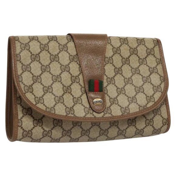 GUCCI GG Supreme Web Sherry Line Clutch Bag PVC Beige Gold - Picture 1 of 16